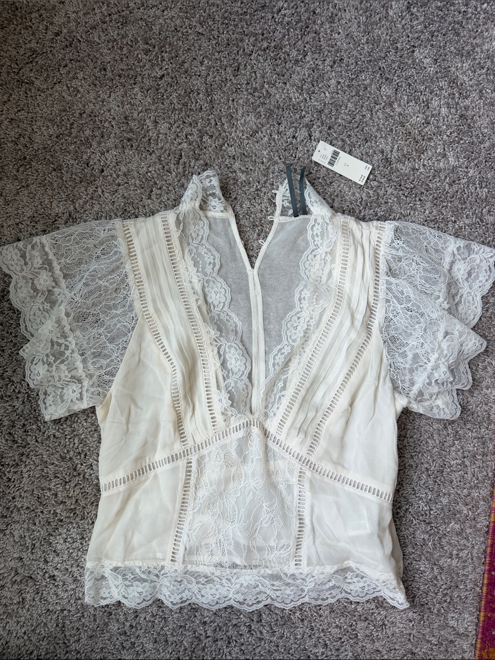 Anthropologie Cream mixed Lace V-Neck Flutter Sleeve Blouse